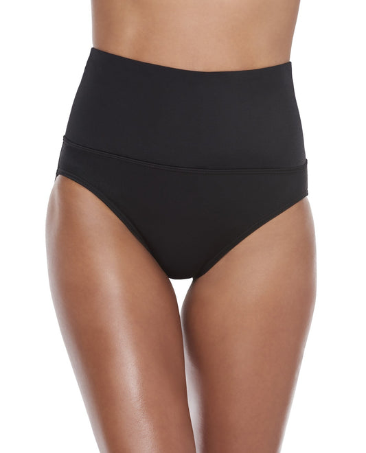 Front View of Active Spirit Black Chlorine Resistant Techkini High Waisted Tankini Bottom With Pockets | ASP BLACK AND WHITE