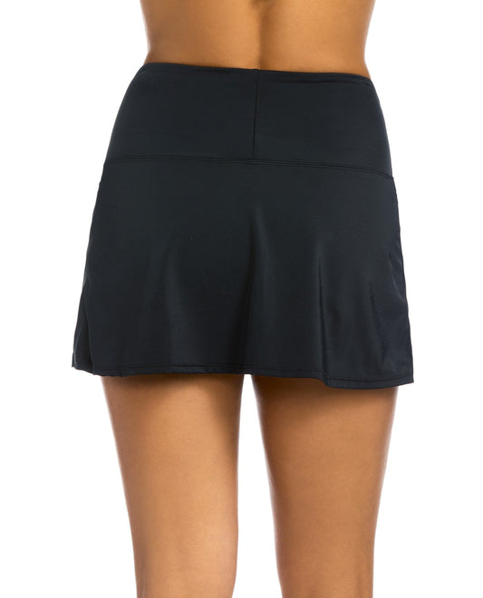Back View of Active Spirit Black Chlorine Resistant Techkini High Waisted Swim Skirt With Pockets | ASP BLACK AND WHITE