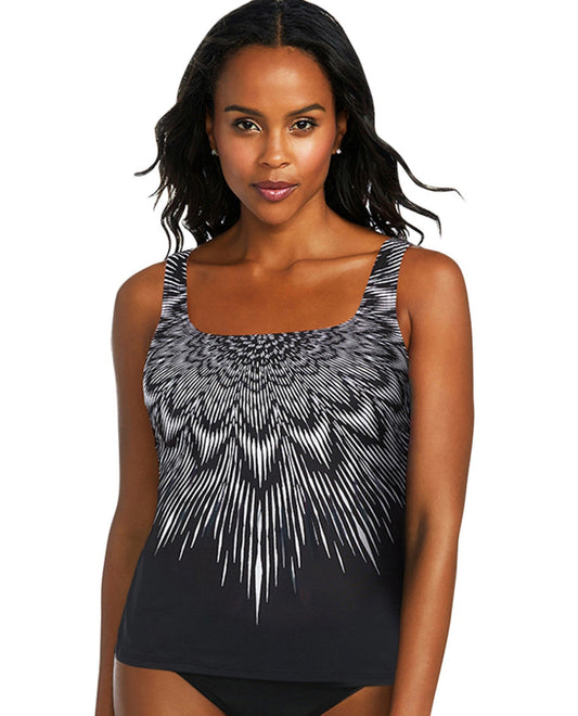 Front View of Active Spirit New Awakening Chlorine Resistant Square Neck Tankini Top | ASP BLACK AND WHITE