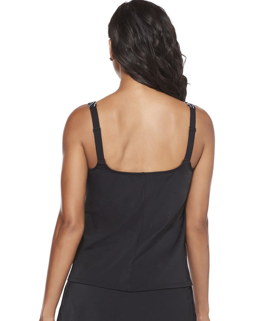Back View of Active Spirit New Awakening Chlorine Resistant Square Neck Tankini Top | ASP BLACK AND WHITE