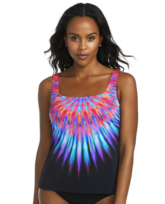 Front View of Active Spirit Birds Of A Feather Square Neck Tankini Top | ASP BLACK