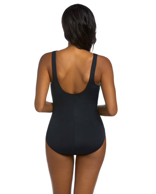 Back View of Active Spirit Water Color Spritz Chlorine Resistant High Neck One Piece Swimsuit With Pockets | ASP WATER COLOR