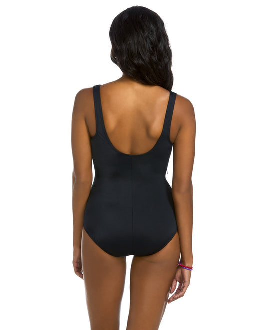 Back View of Active Spirit Pink Dimension Chlorine Resistant Square Neck One Piece Swimsuit With Pockets | ASP PINK DIMENSION