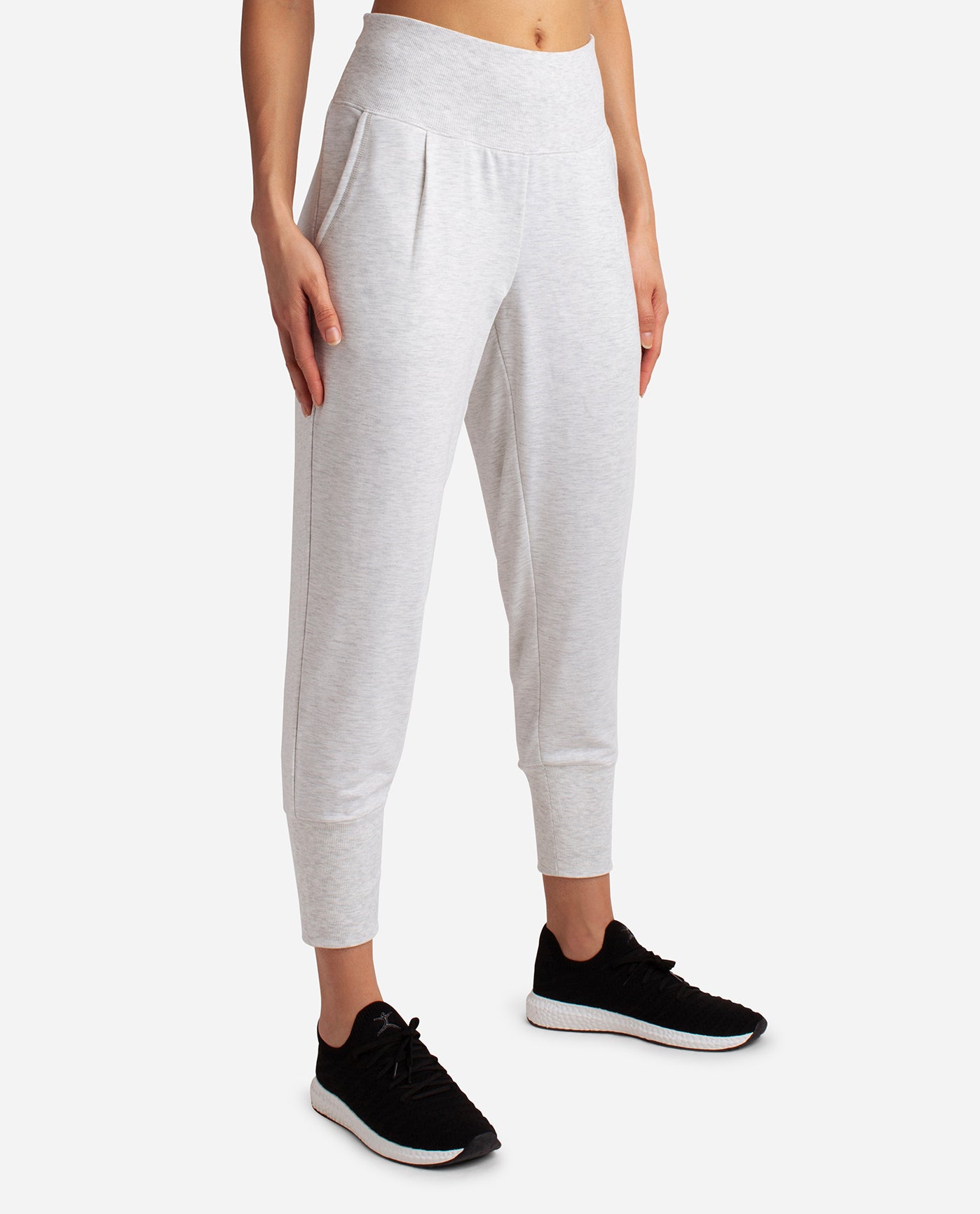 Side View Of Danskin Oatmeal Heather Slim Tapered Jogger | DSK OATMEAL HEATHER