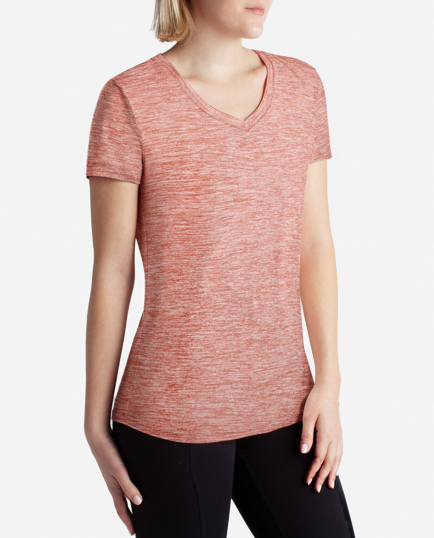 Side View of Danskin Black Salt And Canyon Rose 2-Pack Essential V-Neck Tee | DSK BLACK SALT AND CANYON ROSE