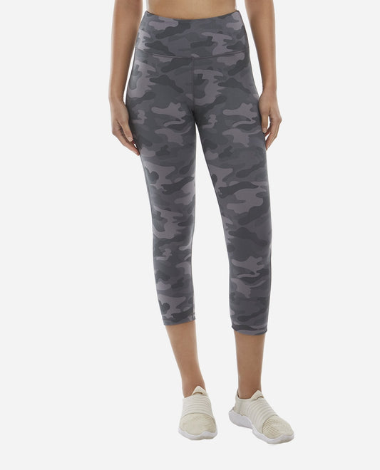 Front View of Danskin Grey Camo Print Mid-Rise Camo Cropped Legging | DSK GREY CAMO PRINT