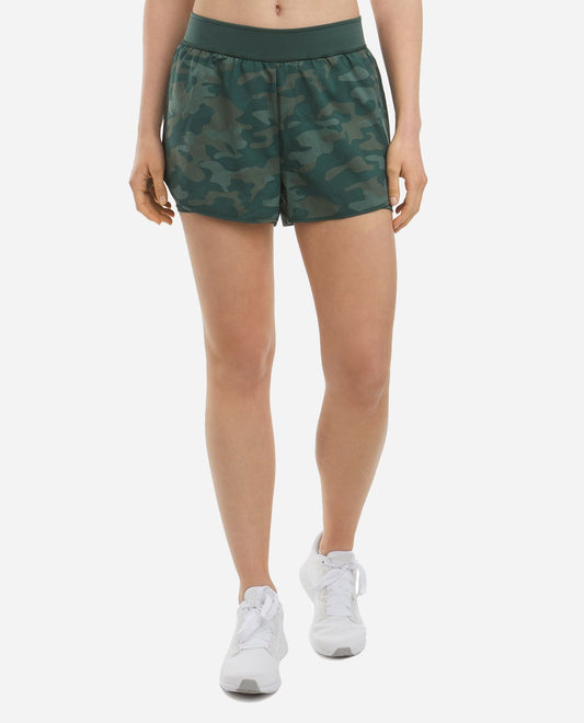 Front View of Danskin Seasalt Green Camo Layered Running Shorts | DSK SEASALT GREEN CAMO