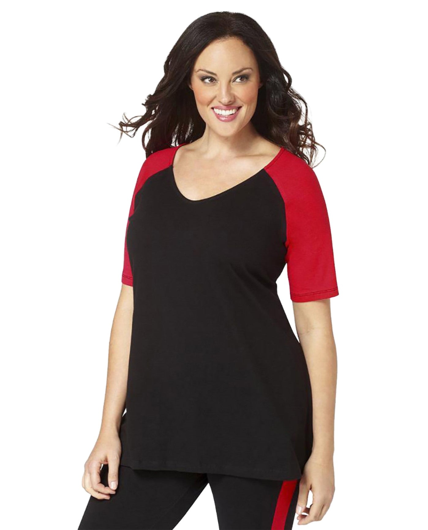 Front View of Always For Me Black And Red Plus Size Baseball Shirt | AFM BLACK AND RED