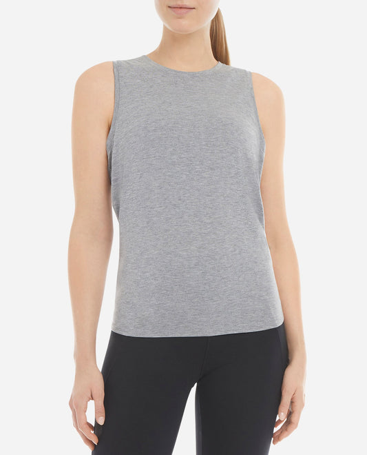 Front View of Danskin Silver Heather Tie Back Flyaway Tank | DSK SILVER HEATHER