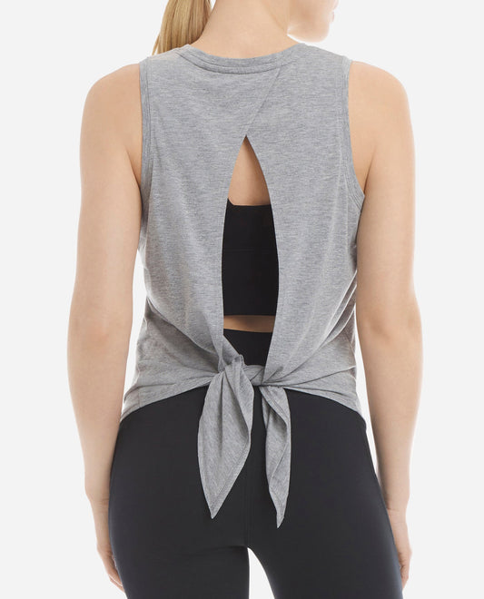 Back View Of Danskin Silver Heather Tie Back Flyaway Tank | DSK SILVER HEATHER