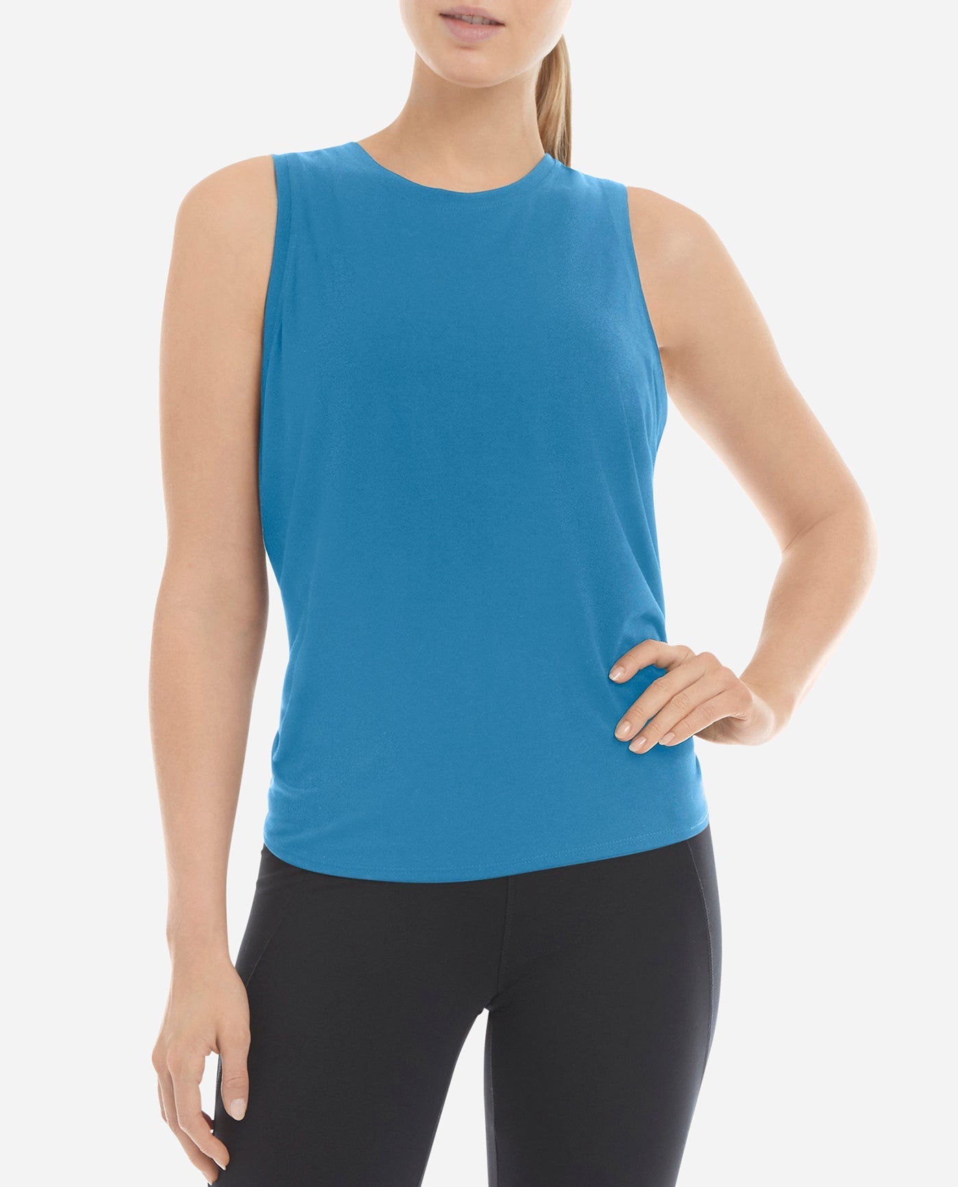 Front View of Danskin Seaport Teal Tie Back Flyaway Tank | DSK SEAPORT TEAL