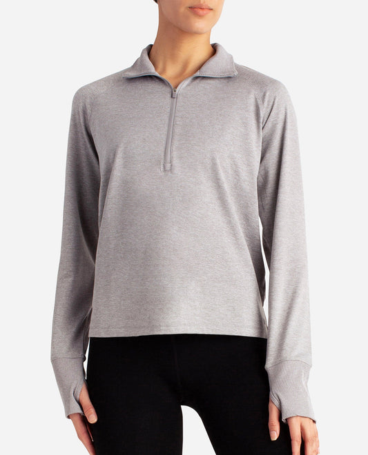 Front View of Danskin Silver Melange Supersoft Quarter Zip Pullover | DSK SILVER MELANGE