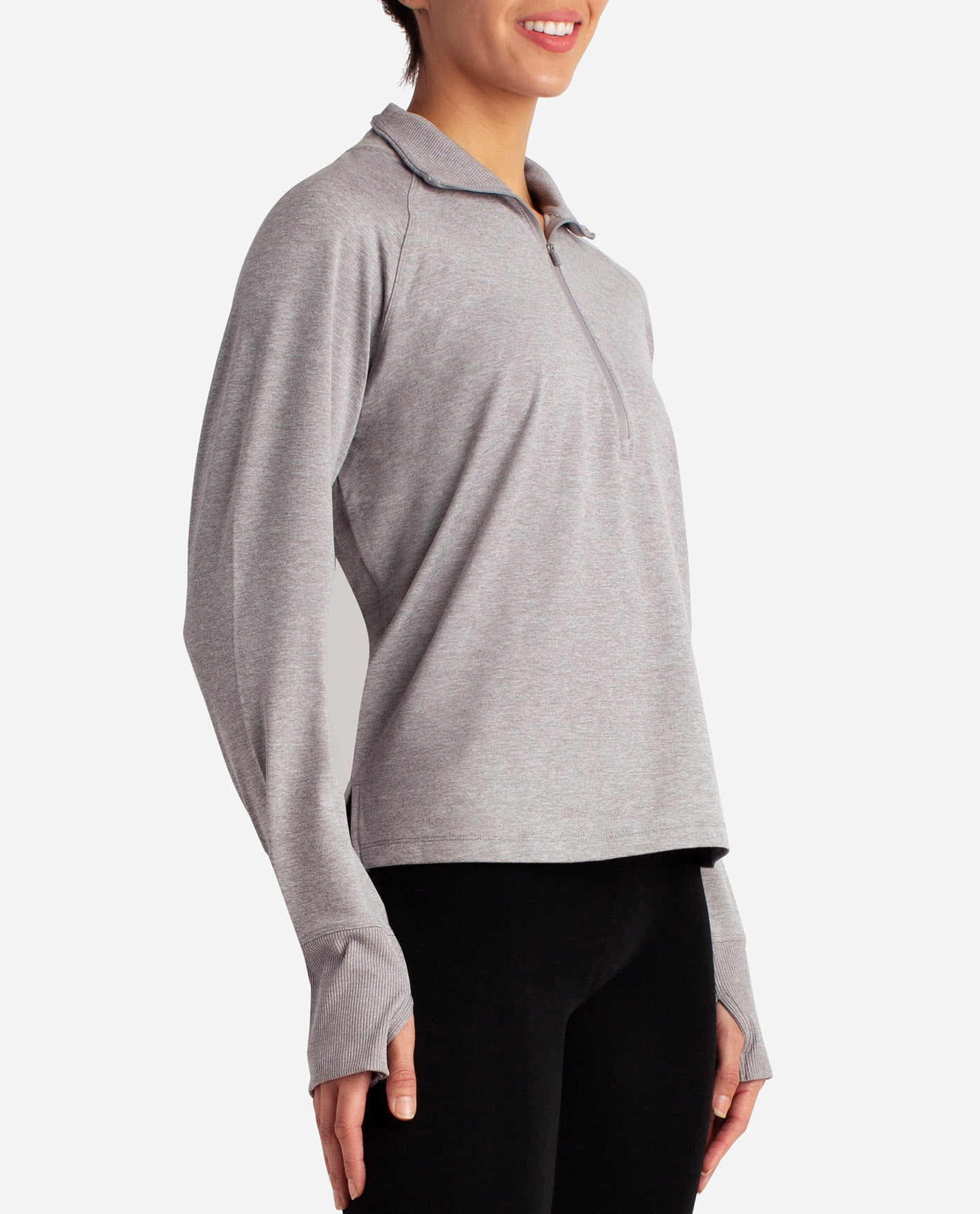 Side View Of Danskin Silver Melange Supersoft Quarter Zip Pullover | DSK SILVER MELANGE