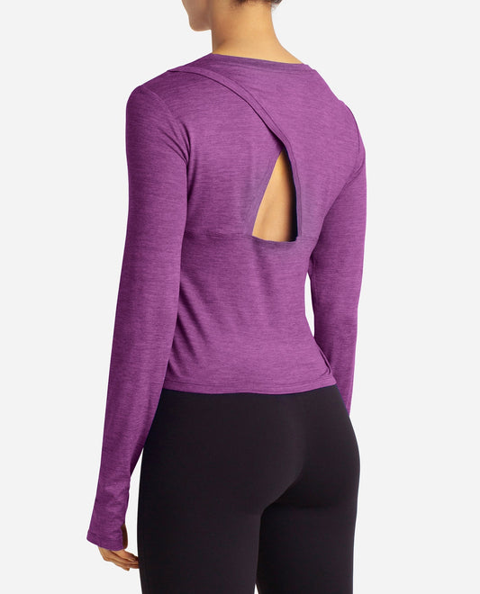 Back View Of Danskin Vivid Viola Heather Cutout Cropped Long Sleeve Tee | DSK VIVID VIOLA HEATHER