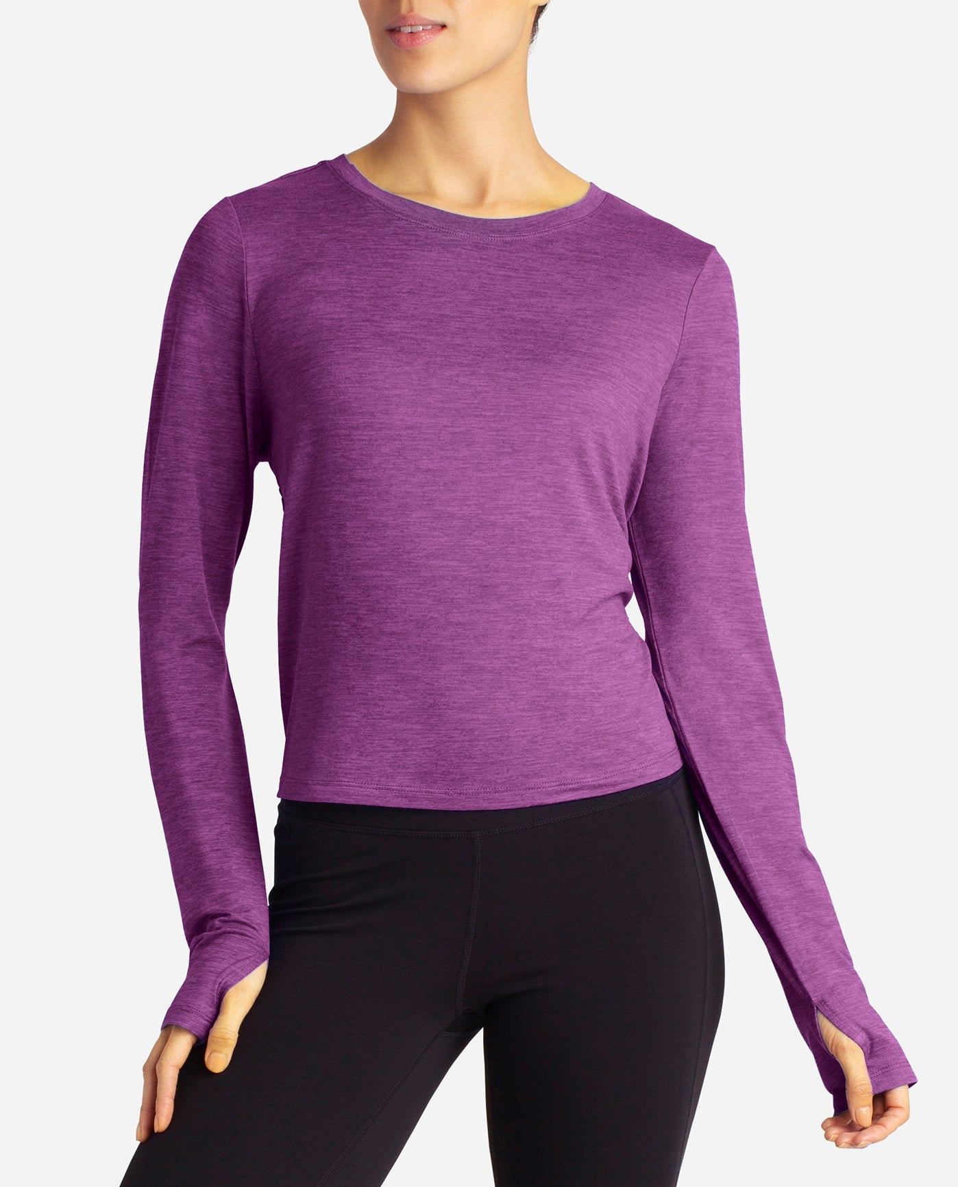 Front View Of Danskin Vivid Viola Heather Cutout Cropped Long Sleeve Tee | DSK VIVID VIOLA HEATHER