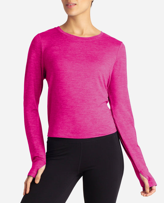 Front View of Danskin Luminous Pink Heather Cutout Cropped Long Sleeve Tee | DSK LUMINOUS PINK HEATHER