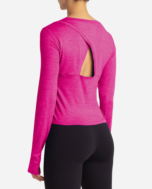 Back View Of Danskin Luminous Pink Heather Cutout Cropped Long Sleeve Tee | DSK LUMINOUS PINK HEATHER