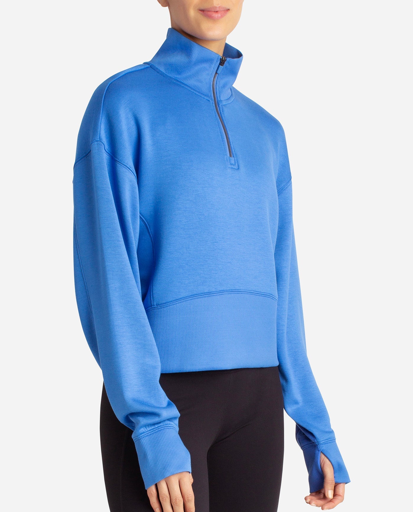 Side View Of Danskin Palace Blue Scuba Corset Half-Zip | DSK PALACE BLUE