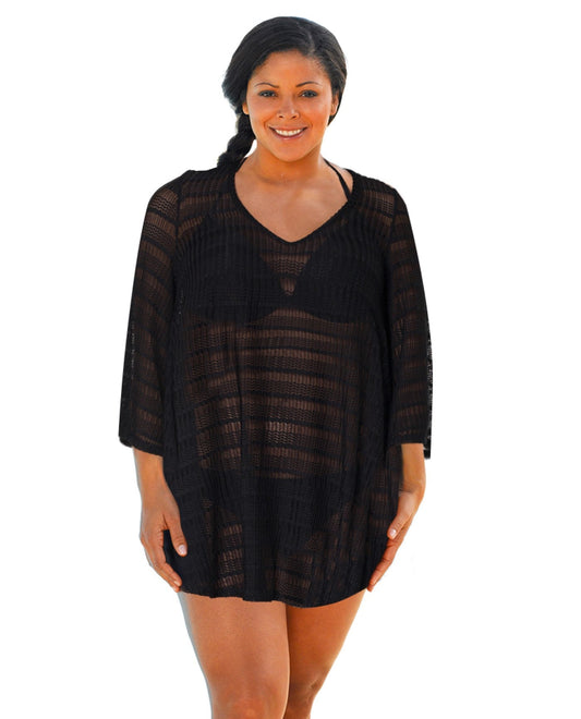 Front View of Jordan Taylor Black Plus Size Textured V-Neck Lace Bell Sleeve Tunic | JOR BLACK