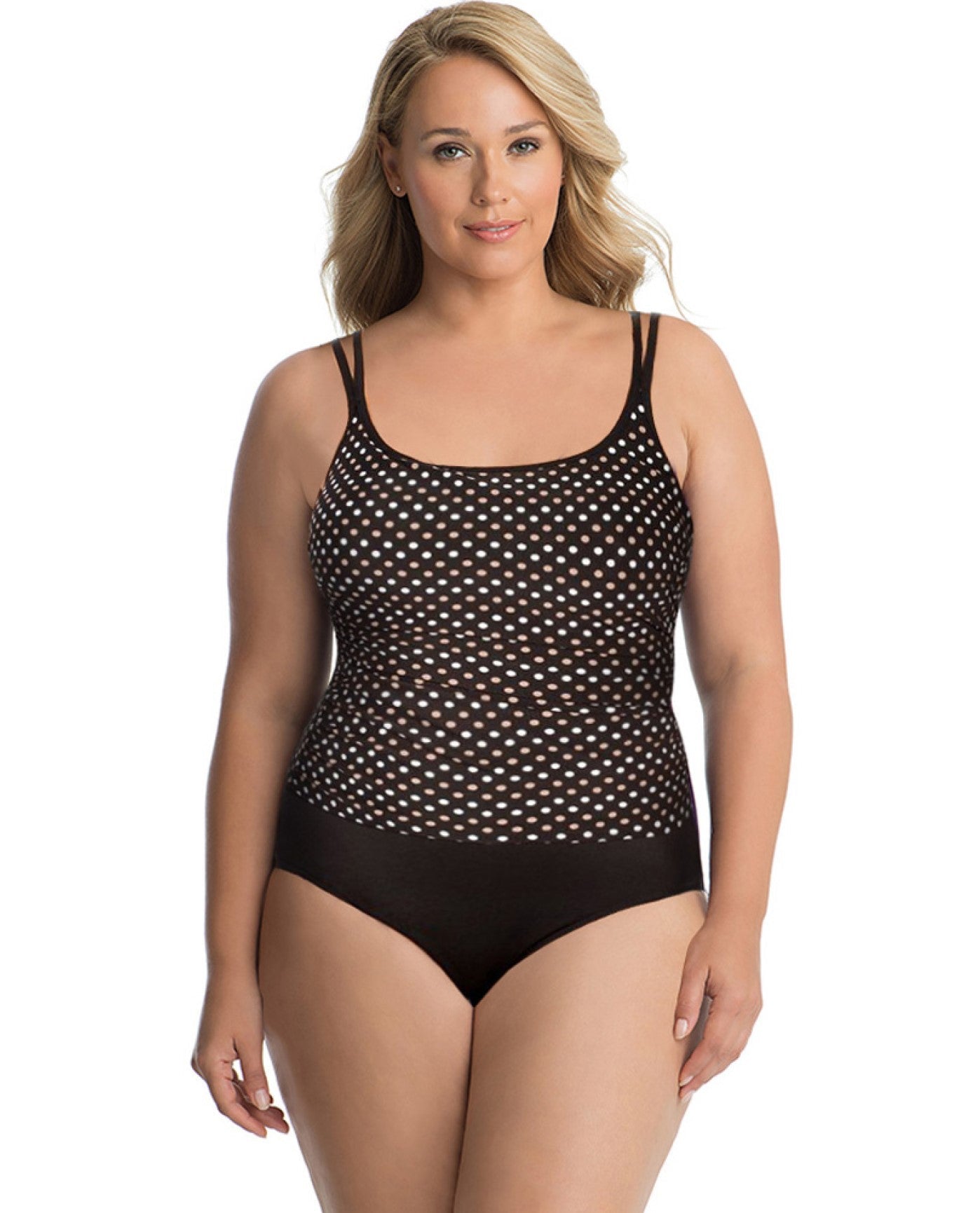 Front View of Miraclesuit Spot On Plus Size Fauxkini One Piece Swimsuit | MIR BLACK AND WHITE