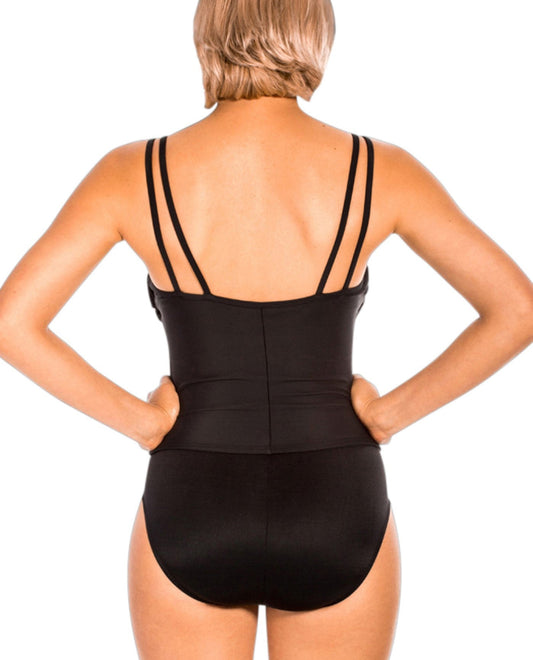 Back View of Miraclesuit Aloha Gardens Dd-Cup Fauxkini One Piece Swimsuit | MIR BLACK