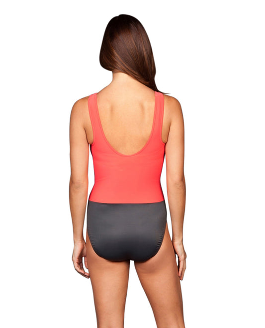 Back View of Miraclesuit Coral Dd-Cup Regatta Underwire High Neckone Piece Swimsuit | MIR CORAL