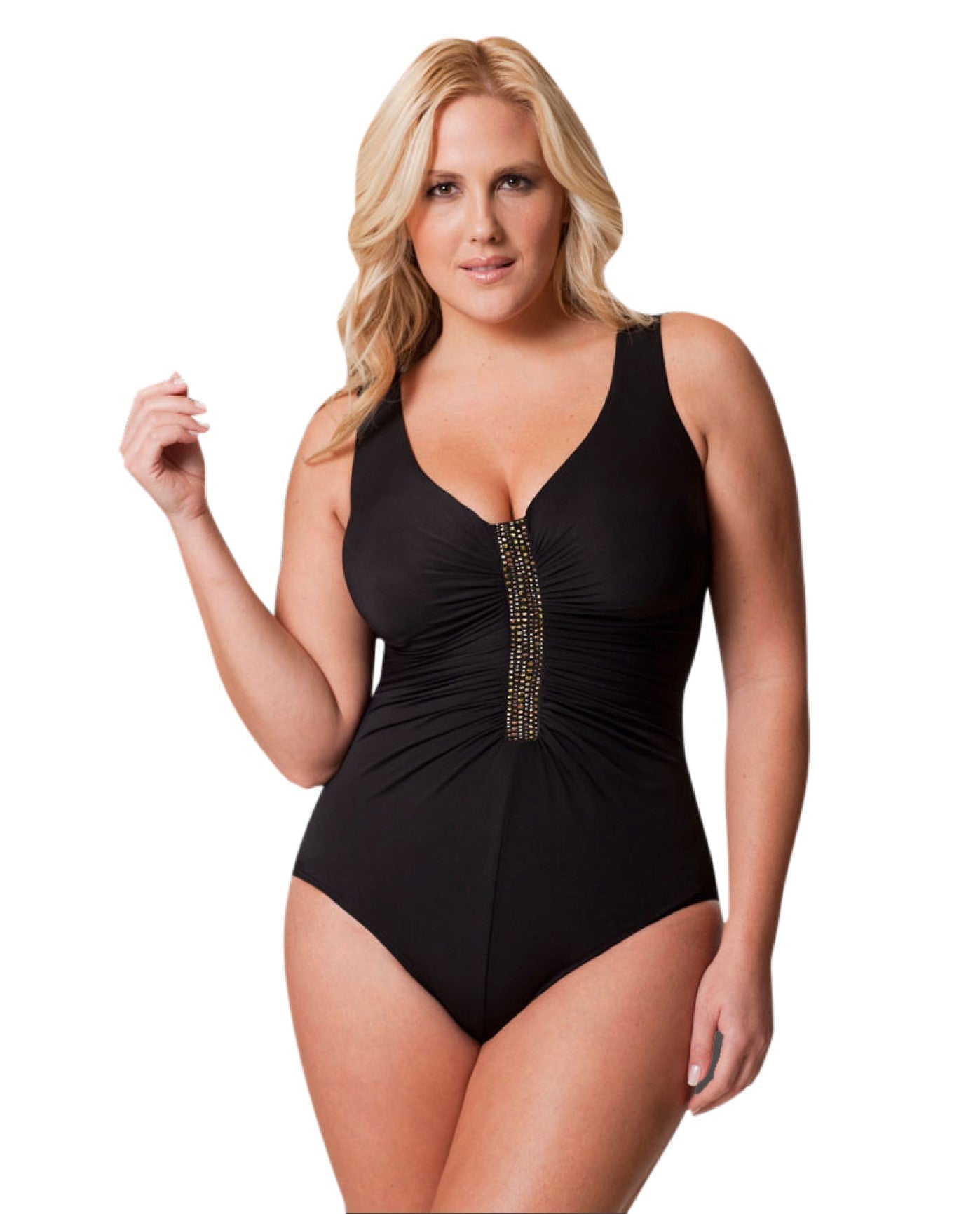 Front View of Miraclesuit Black Jewel Box Plus Size One Piece Swimsuit | MIR Black
