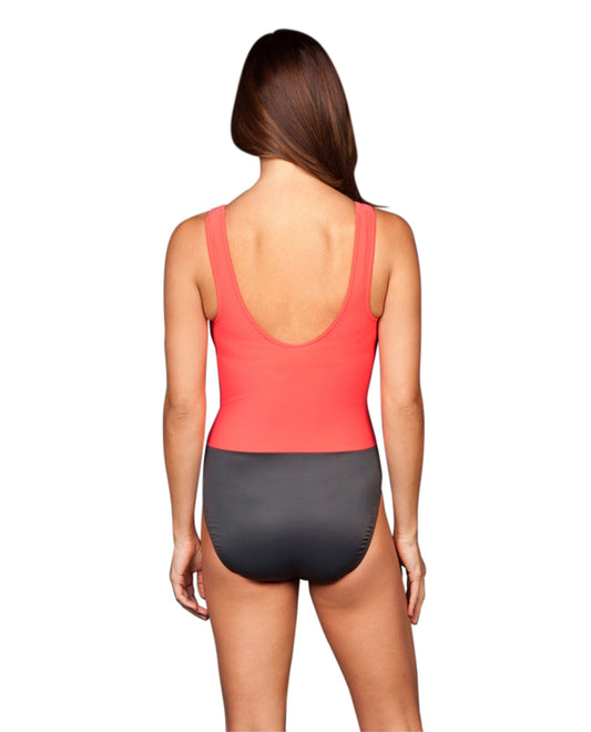 Back View of Miraclesuit Coral Colorblock D-Cup Regatta Underwire One Piece Swimsuit | MIR CORAL