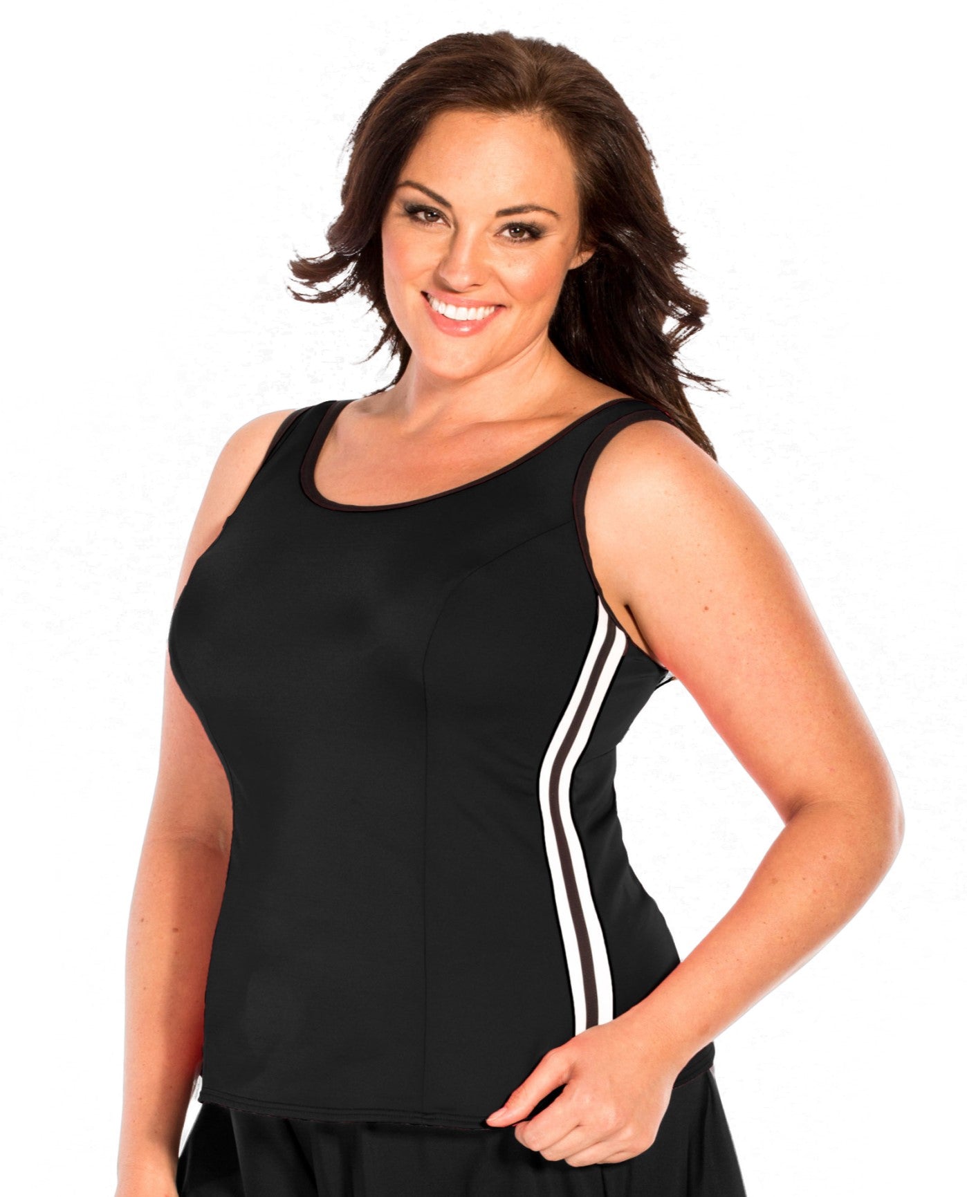 Front View of Miraclesuit Black Plus Size Kimkini Underwire Tankini Top | MIR BLACK