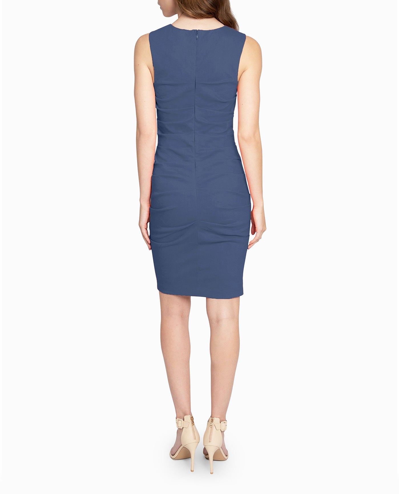 Back View Of Nicole Miller Stretch Lauren Sheath Dress | NM DENIM BLUE