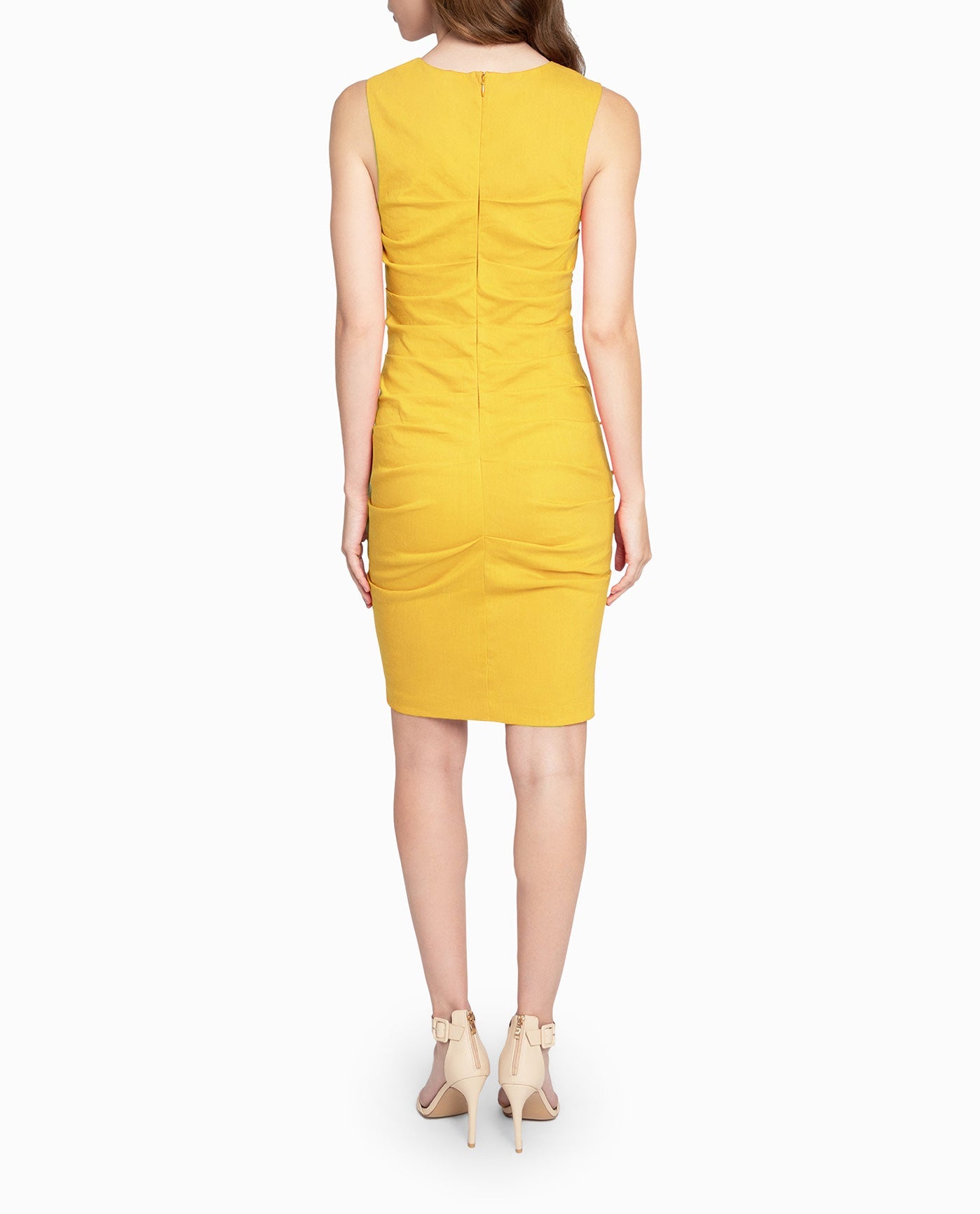 Back View Of Nicole Miller Stretch Lauren Sheath Dress | NM YELLOW