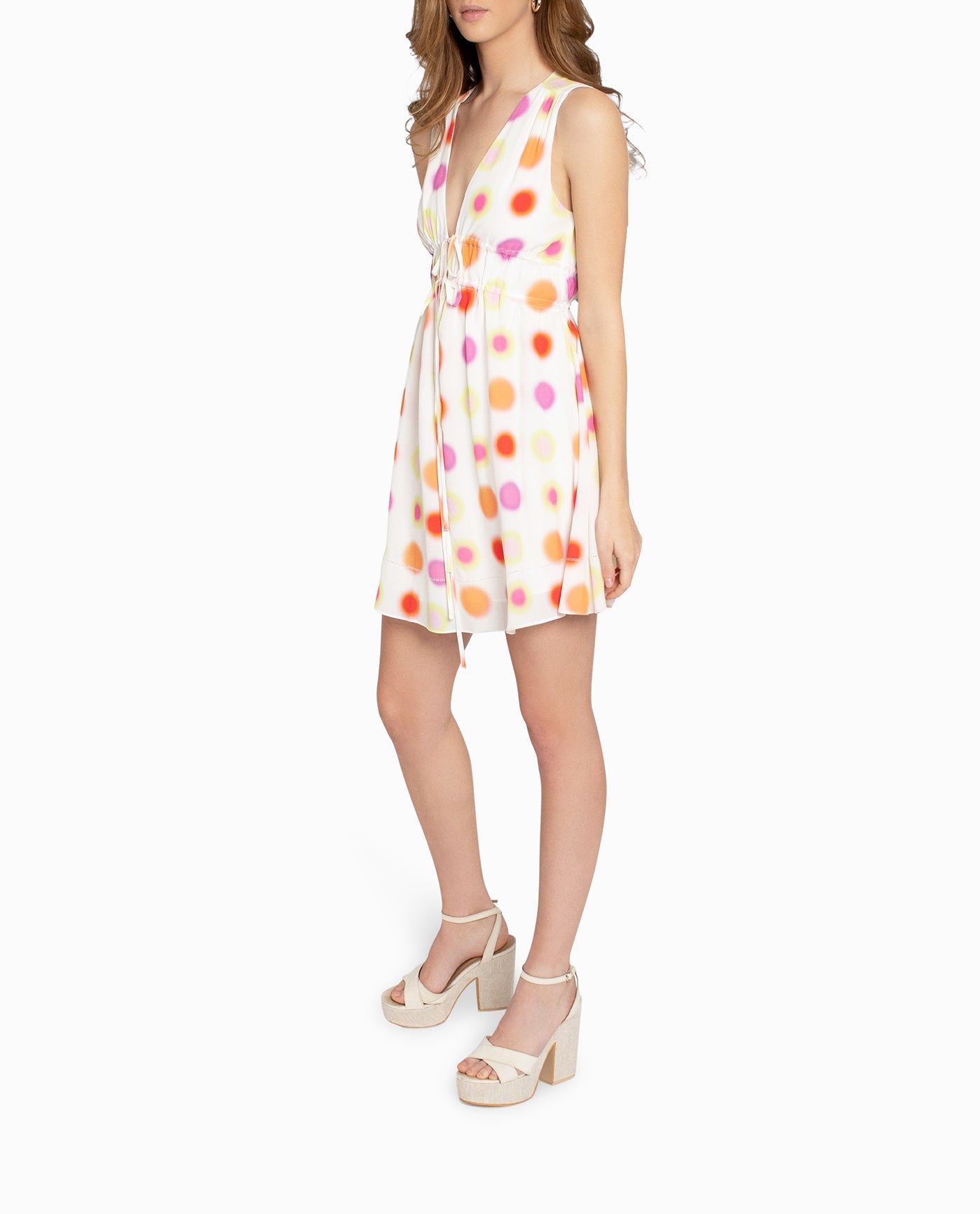 Side View View Of Nicole Miller Radiant Aura Silk Mini Dress | NM WHITE AURA DOT