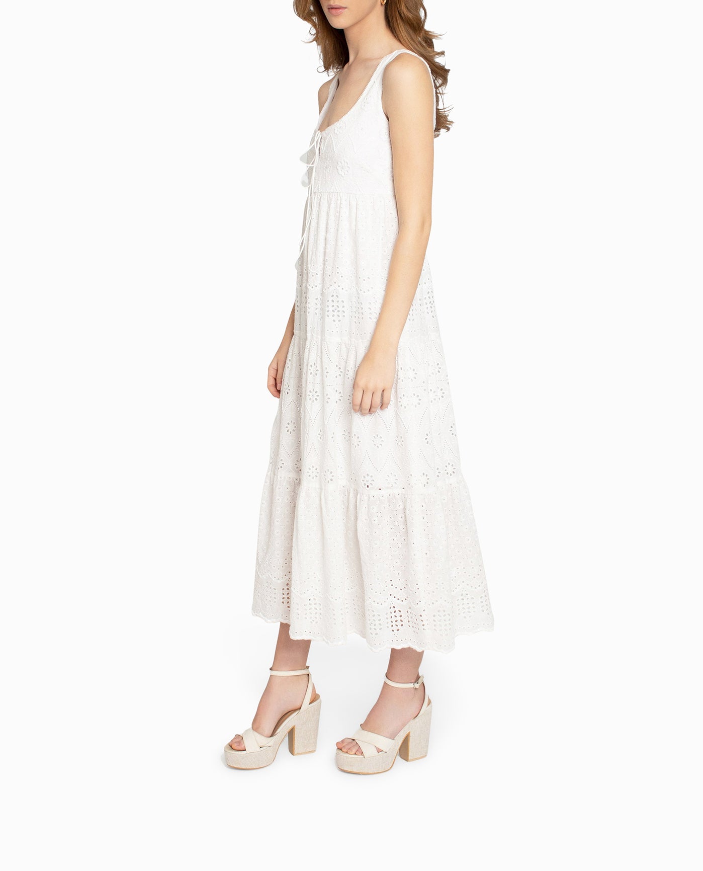 Side View View Of Nicole Miller Embellished Eyelet Maxi Dress | NM WHITE