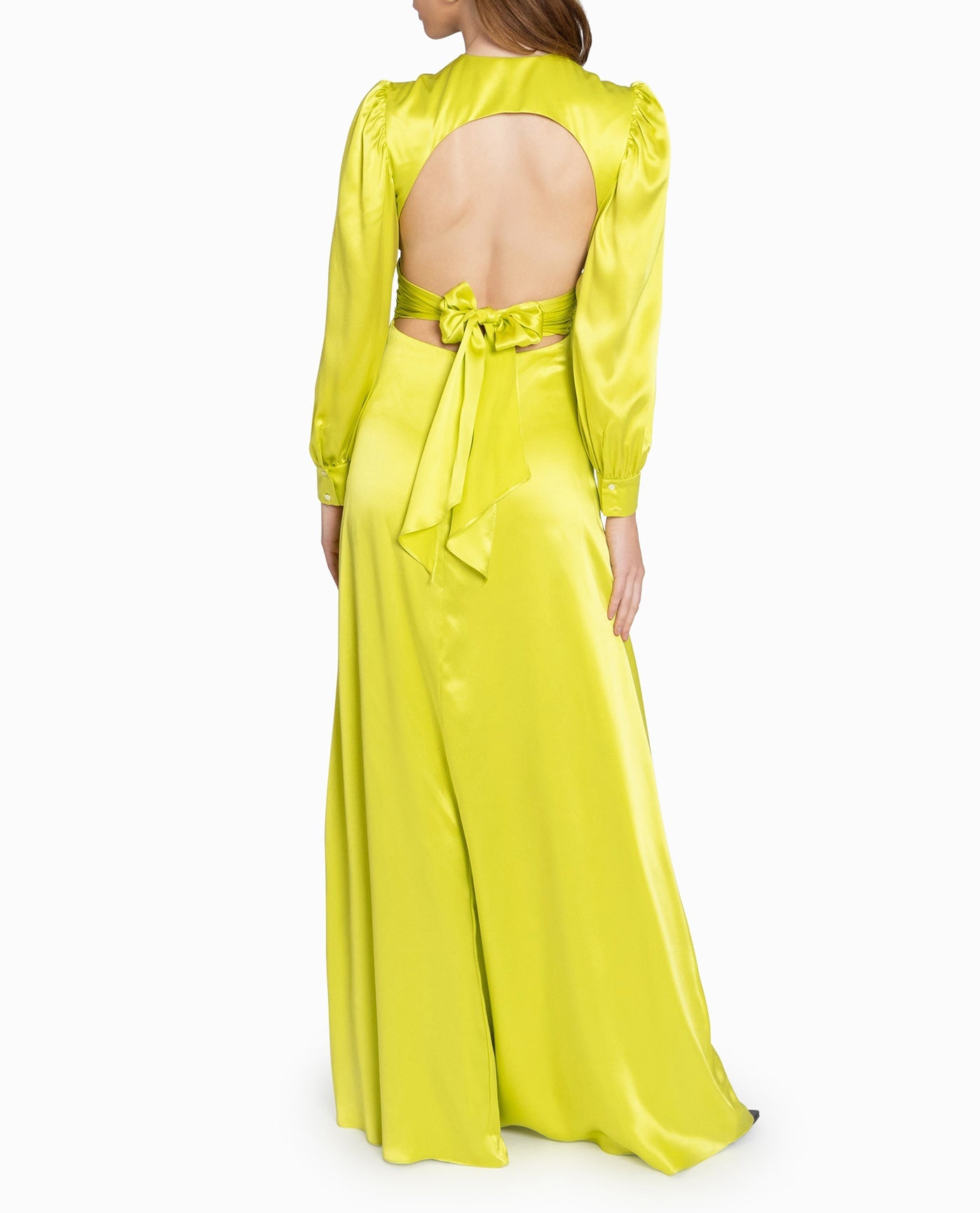 Back View Of Nicole Miller Stretch Silk Plunge Gown | NM LIME