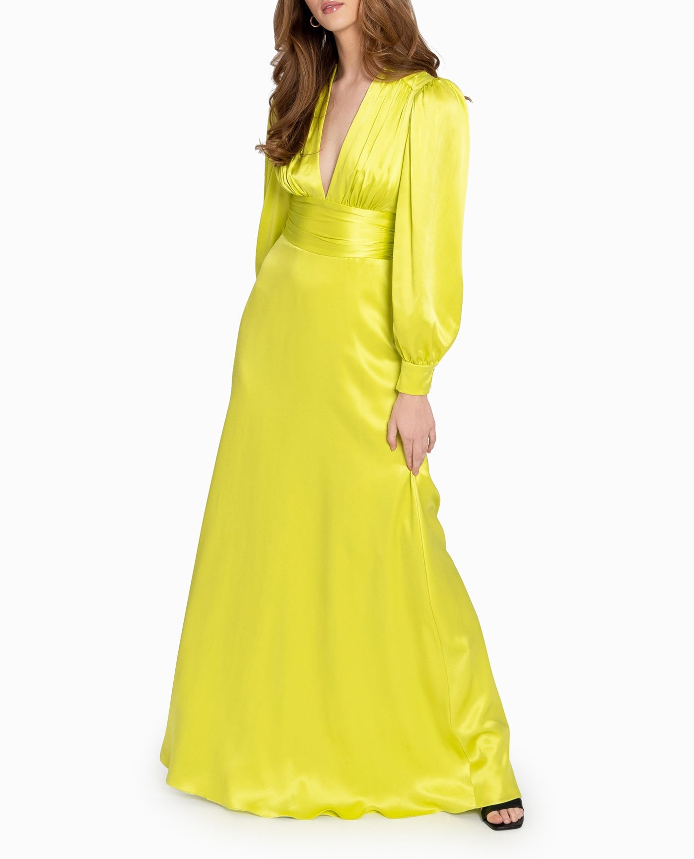 Front View Of Nicole Miller Stretch Silk Plunge Gown | NM LIME