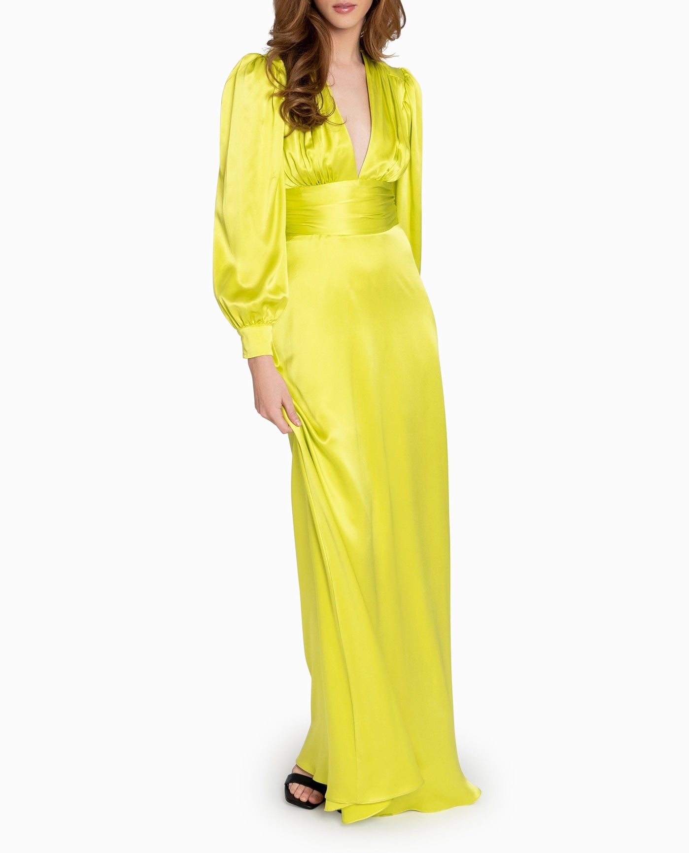 Alternate Front View Of Nicole Miller Stretch Silk Plunge Gown | NM LIME