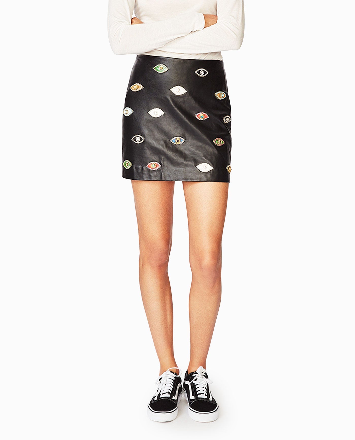 Front View Of Nicole Miller Evil Eye Embellishment Mini Skirt | NM BLACK EMBELLISHED EVIL EYE