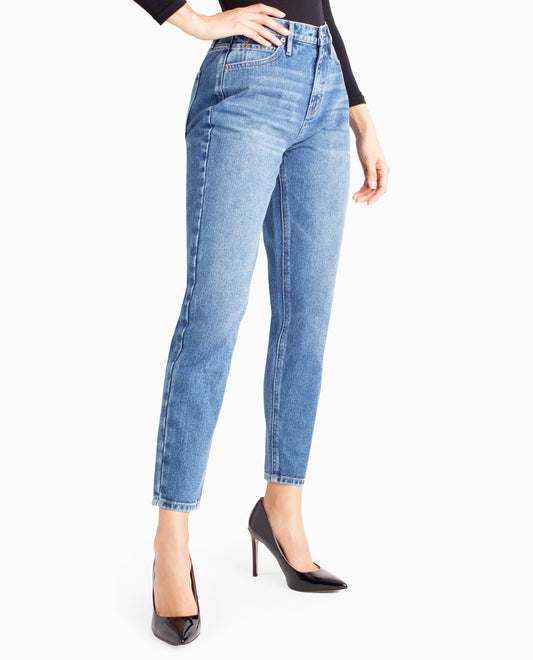 Side View View Of Nicole Miller Sunnyside High Rise Taper Leg Jean | NM DARK BLUE