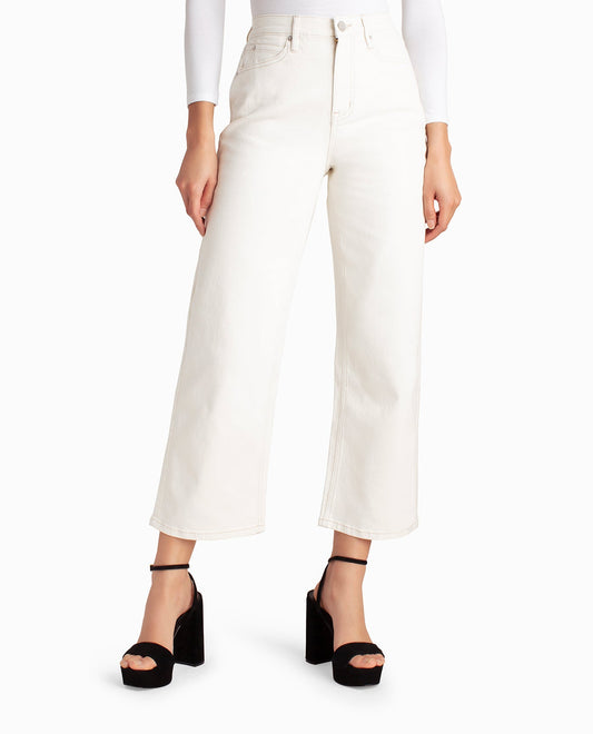 Front View Of Nicole Miller Oat Milk High Rise Wide Leg Ankle Jean | NM OFF WHITE