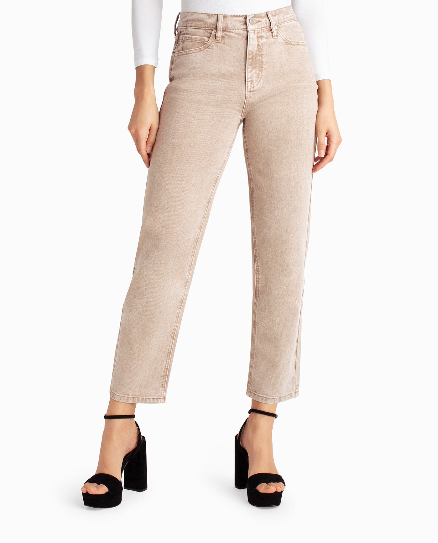 Front View Of Nicole Miller Sandstone Mineral High Rise Slim Straight Jean | NM SAND