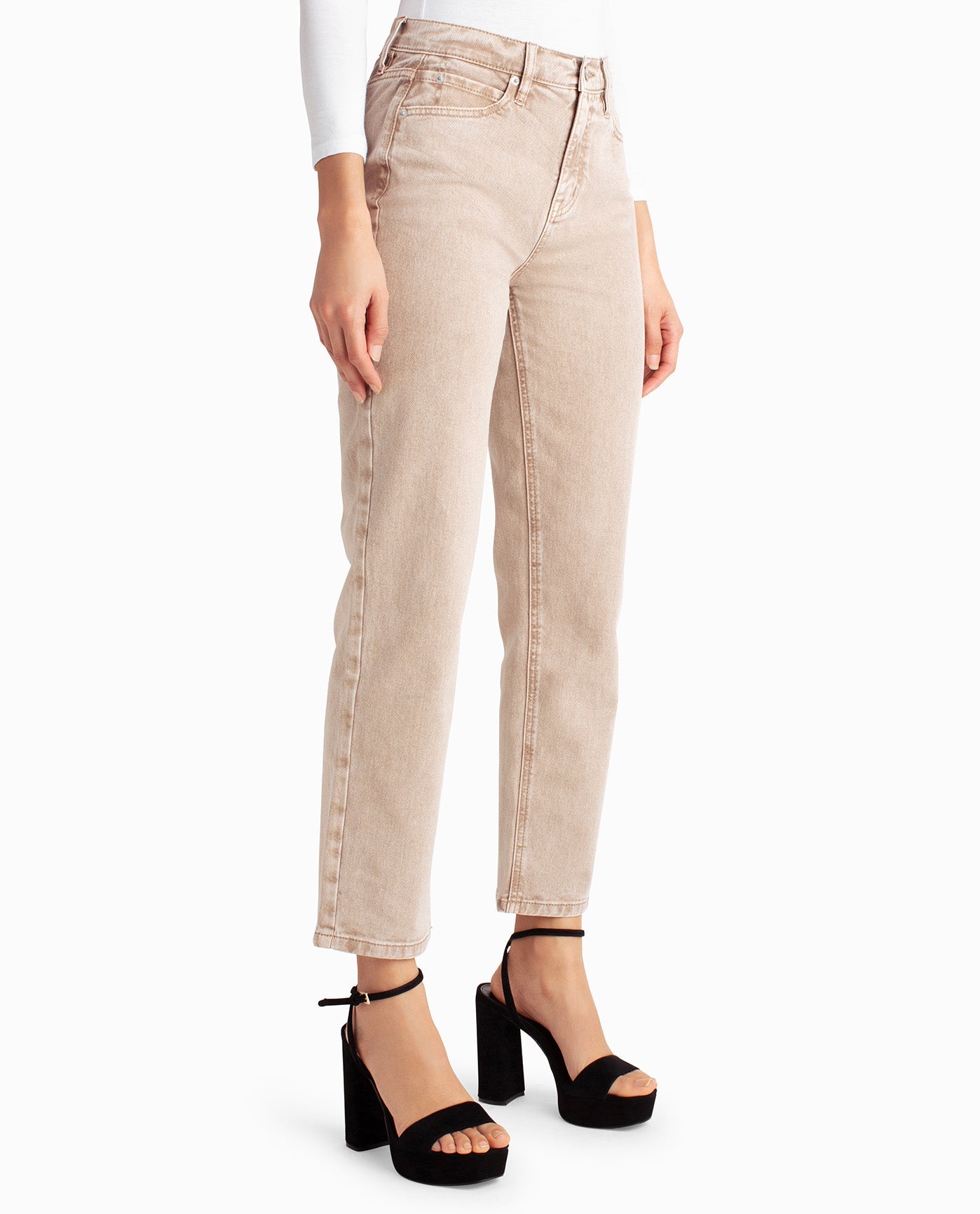 Side View View Of Nicole Miller Sandstone Mineral High Rise Slim Straight Jean | NM SAND
