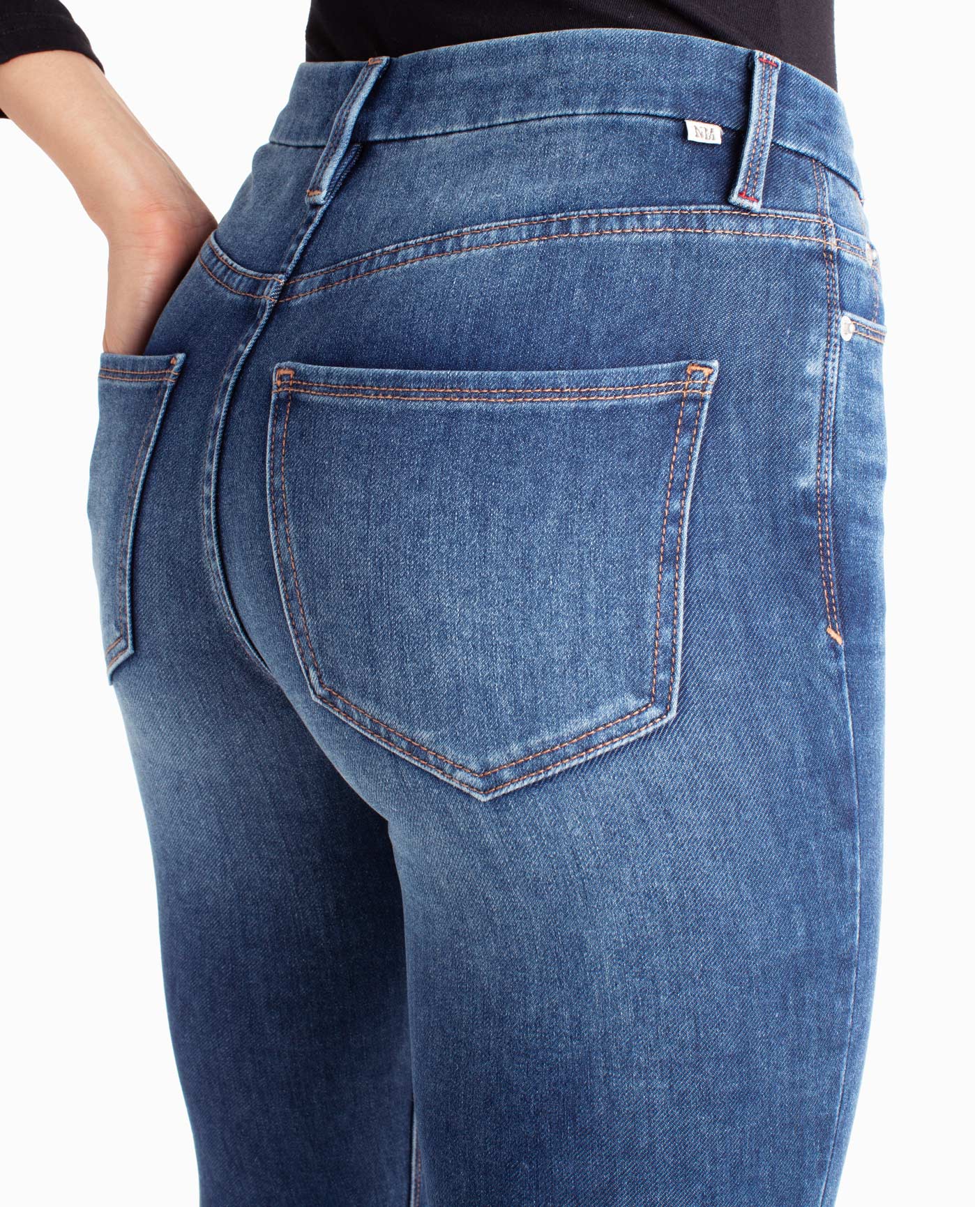 Front Detail View Of Nicole Miller Redhook High Rise Skinny Jean | NM DARK BLUE