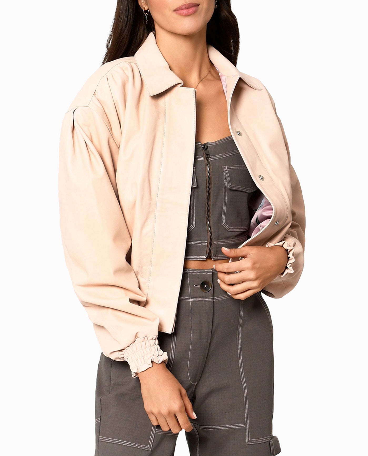 Alternate Front View Of Nicole Miller Collared Leather Jacket | NM BLUSH