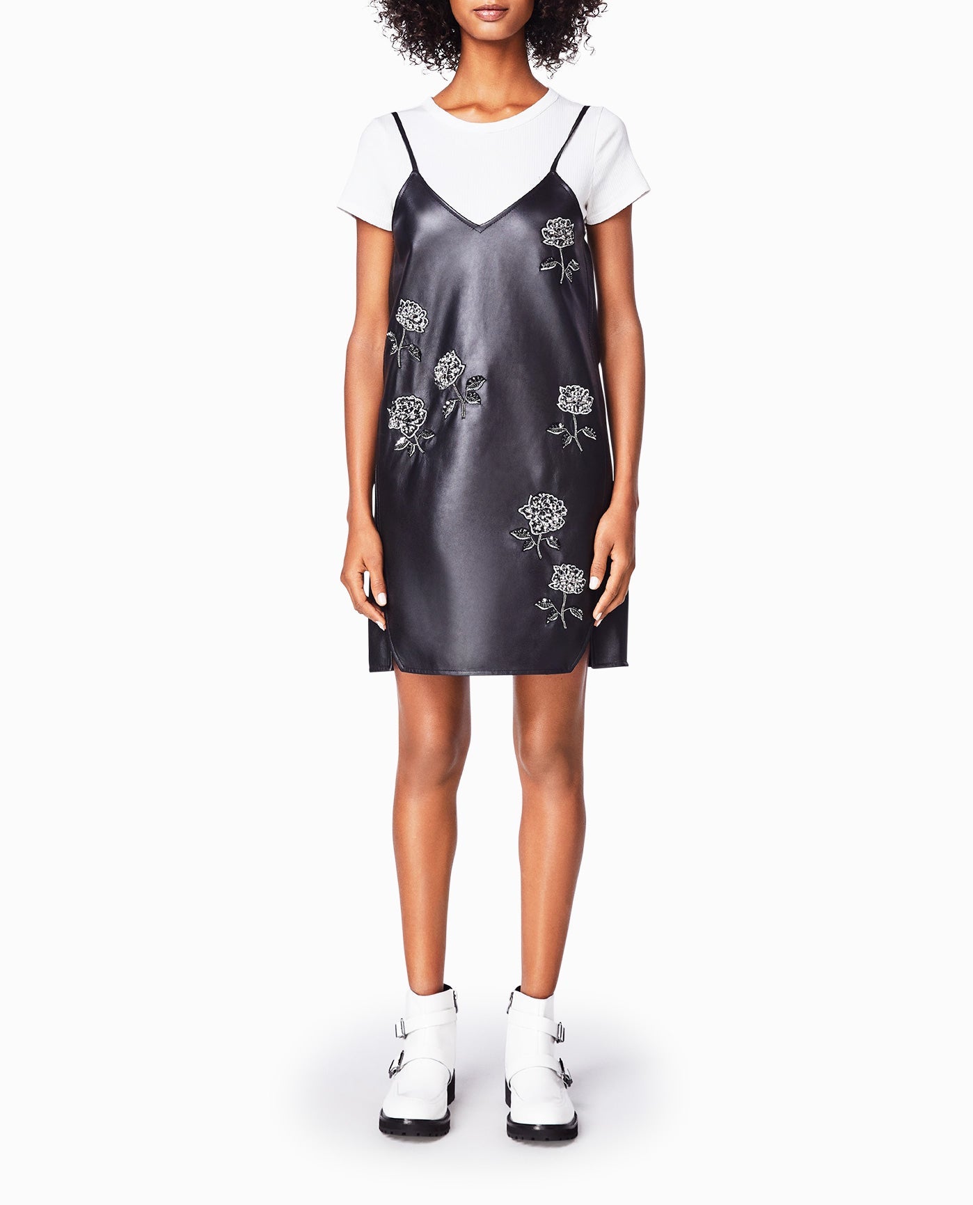 Front View Of Nicole Miller Embellished Rose Tank Dress | NM BLACK EMBELLISHED ROSE