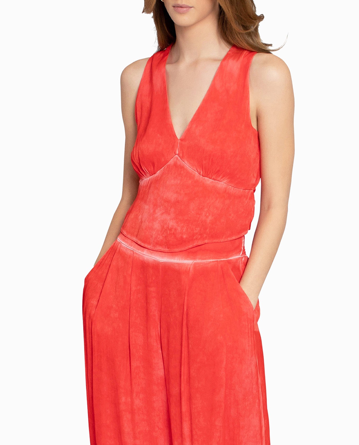 Alternate Front View Of Nicole Miller Garment Dyed V-Neck Top | NM POPPY