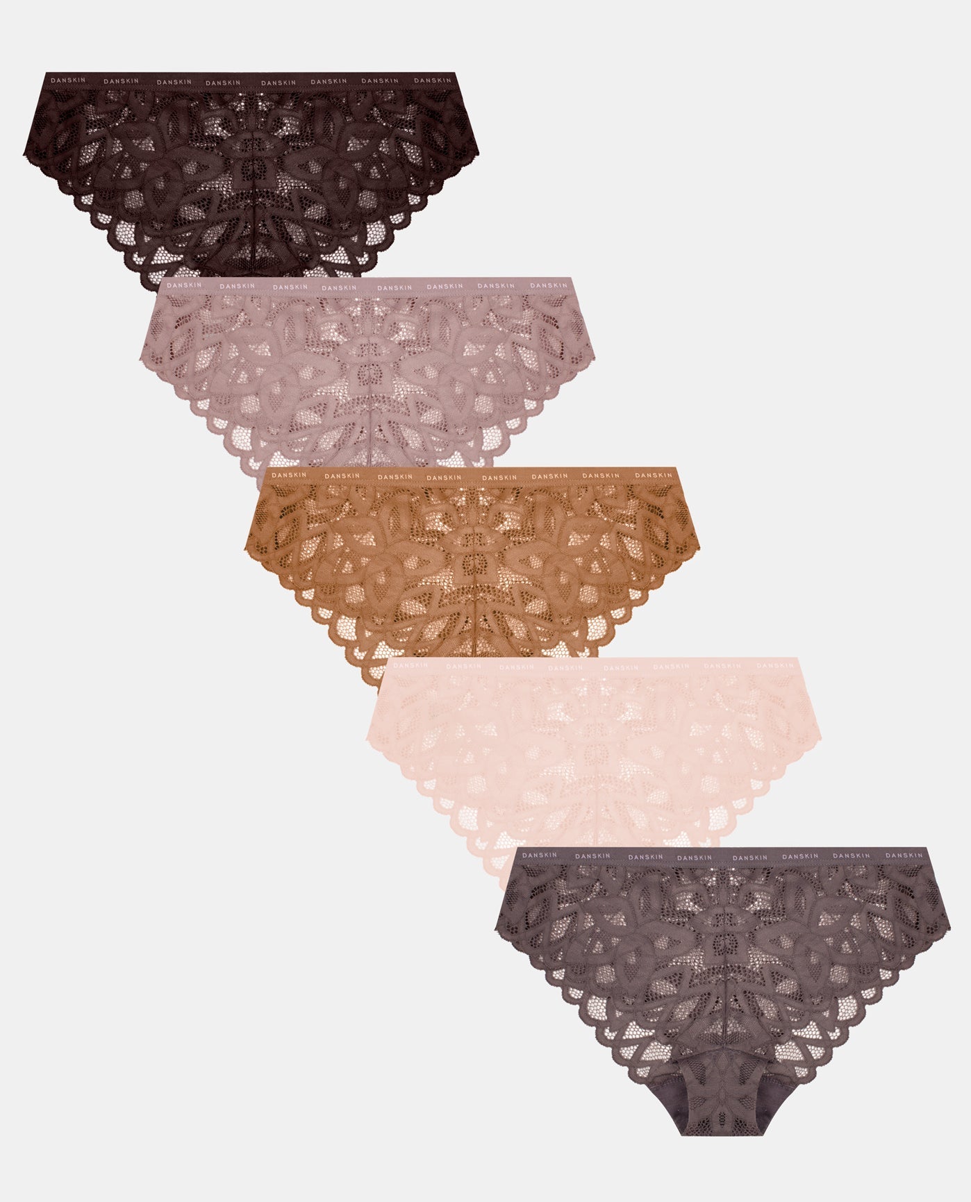 Front View Of Danskin Night Mauve And Washed Silk Multi 5-Pack Lace Tanga Underwear | DSK NIGHT MAUVE AND WASHED SILK MULTI