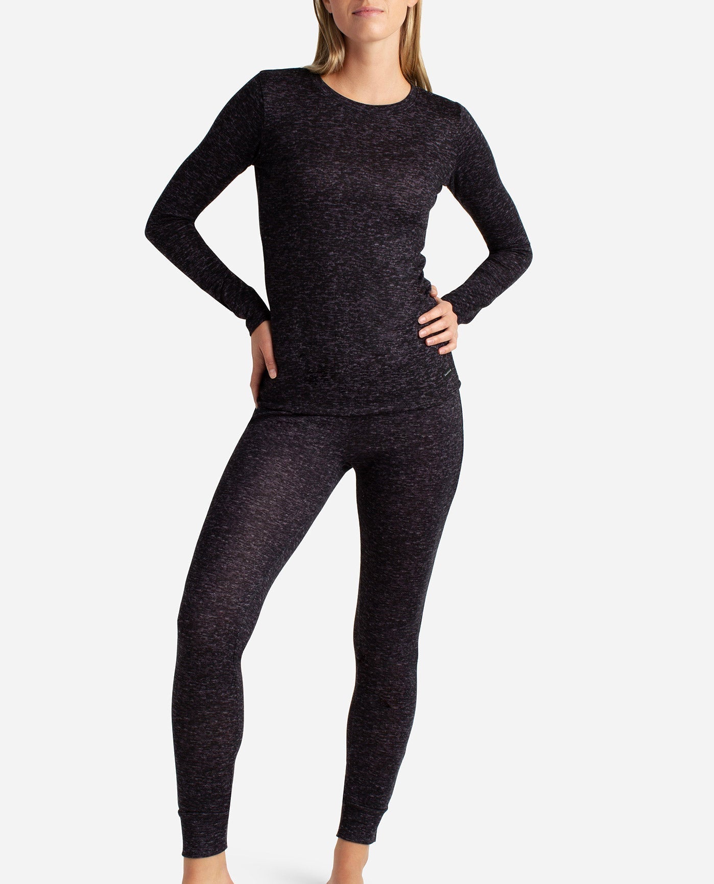Front View of Danskin Black Heather Hacci Layering Set With Leggings | DSK BLACK HEATHER