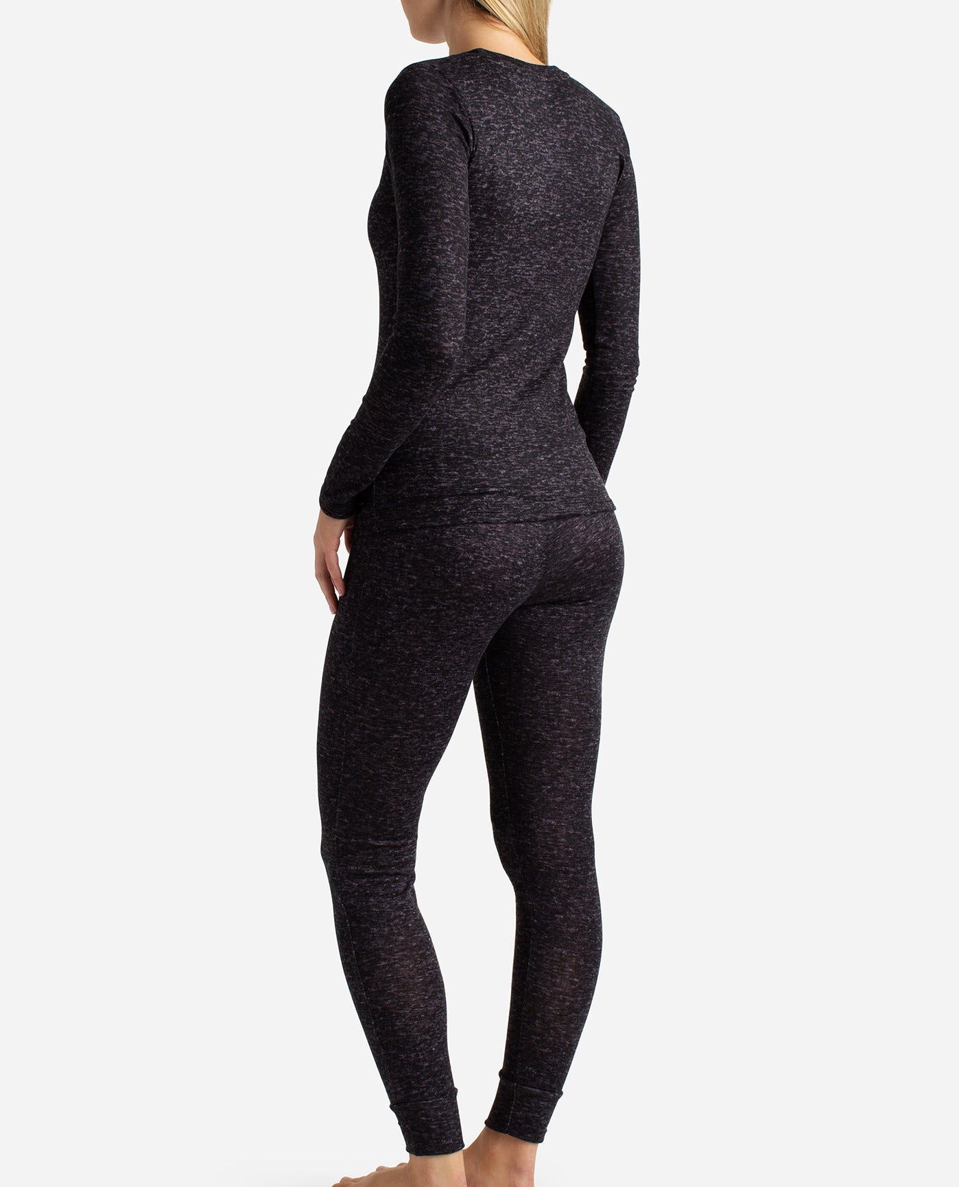 Back View of Danskin Black Heather Hacci Layering Set With Leggings | DSK BLACK HEATHER