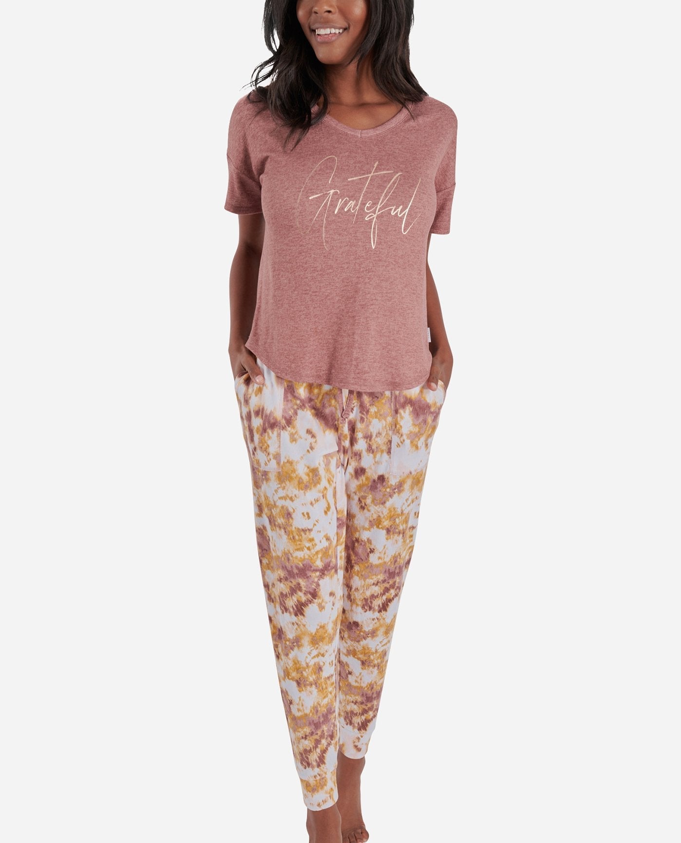 Alternate Front View of Danskin Antique Rosewood Short Sleeve Hacci Sleep Set With Jogger | DSK ANTIQUE ROSEWOOD
