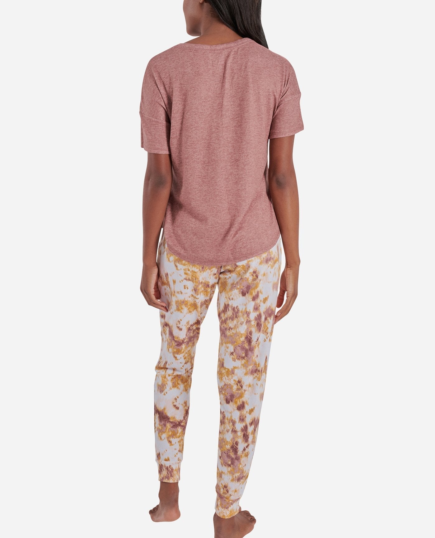 Back View of Danskin Antique Rosewood Short Sleeve Hacci Sleep Set With Jogger | DSK ANTIQUE ROSEWOOD